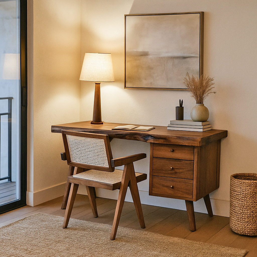 Classic rattan dining chair combining Chandigarh design with walnut frame