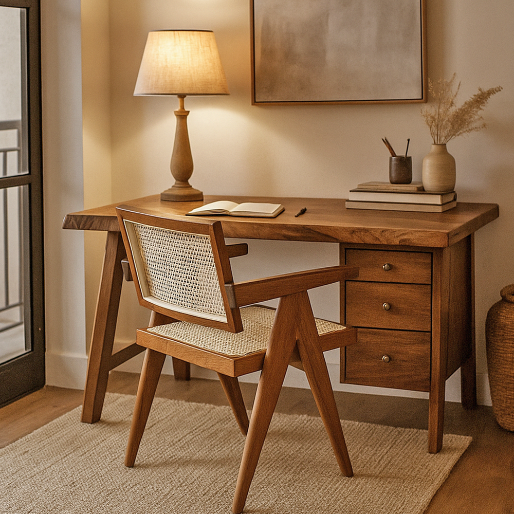 Walnut wood rattan dining chair with signature cane weaving design