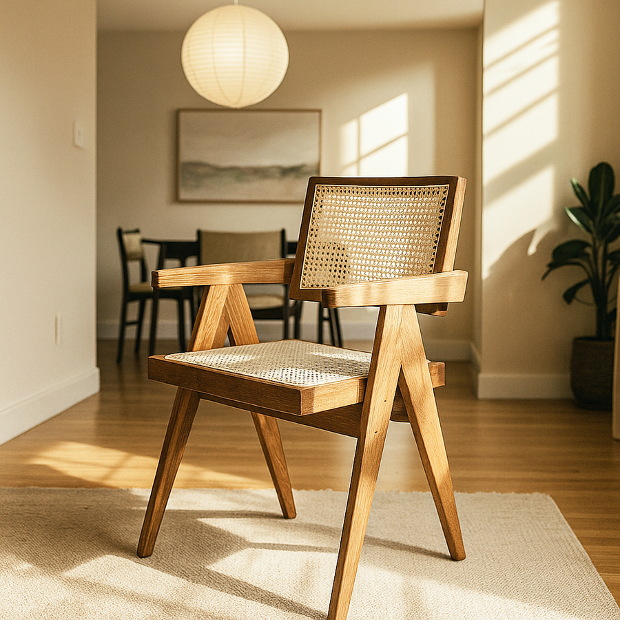 Pierre Jeanneret style armchair with cane seat and backrest and an A-frame wood base in a sunlit room