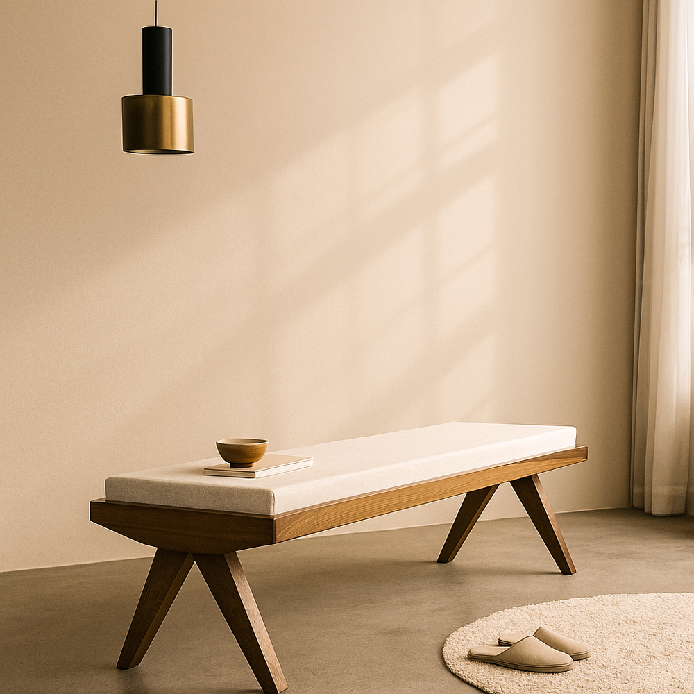 Handmade walnut bench featuring mid century modern design
