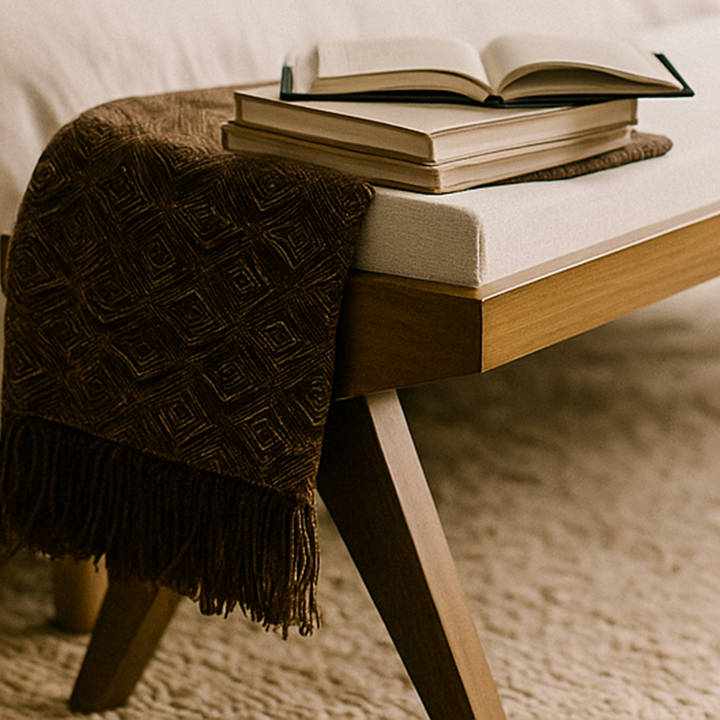 Bed bench featuring handmade walnut wood construction