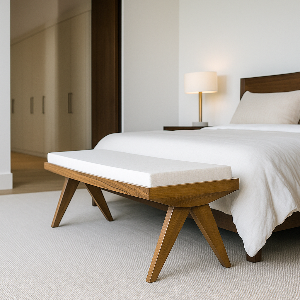 End of bed walnut bench with a white linen cushion and angled legs at the foot of a bed