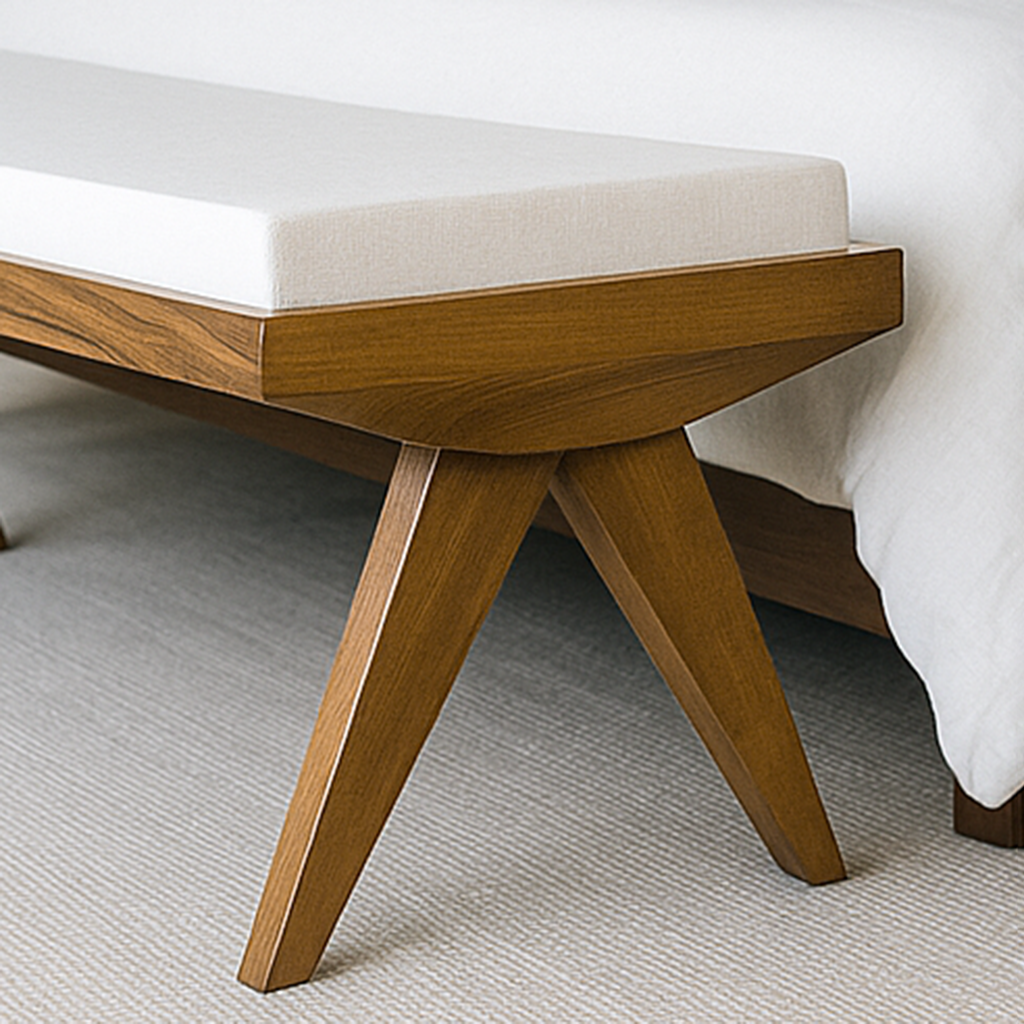 Bedroom bench with plush white cushion seating