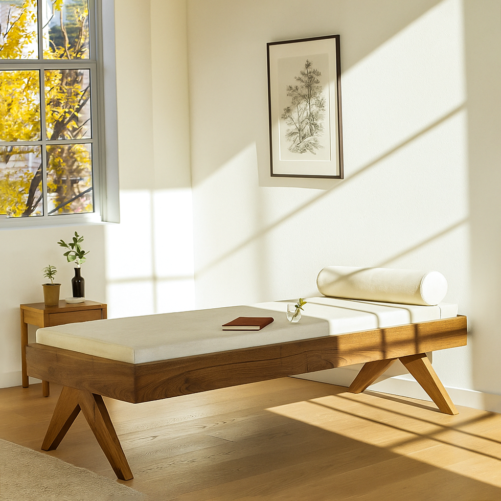 Pierre Jeanneret daybed featuring signature compass legs in solid walnut wood