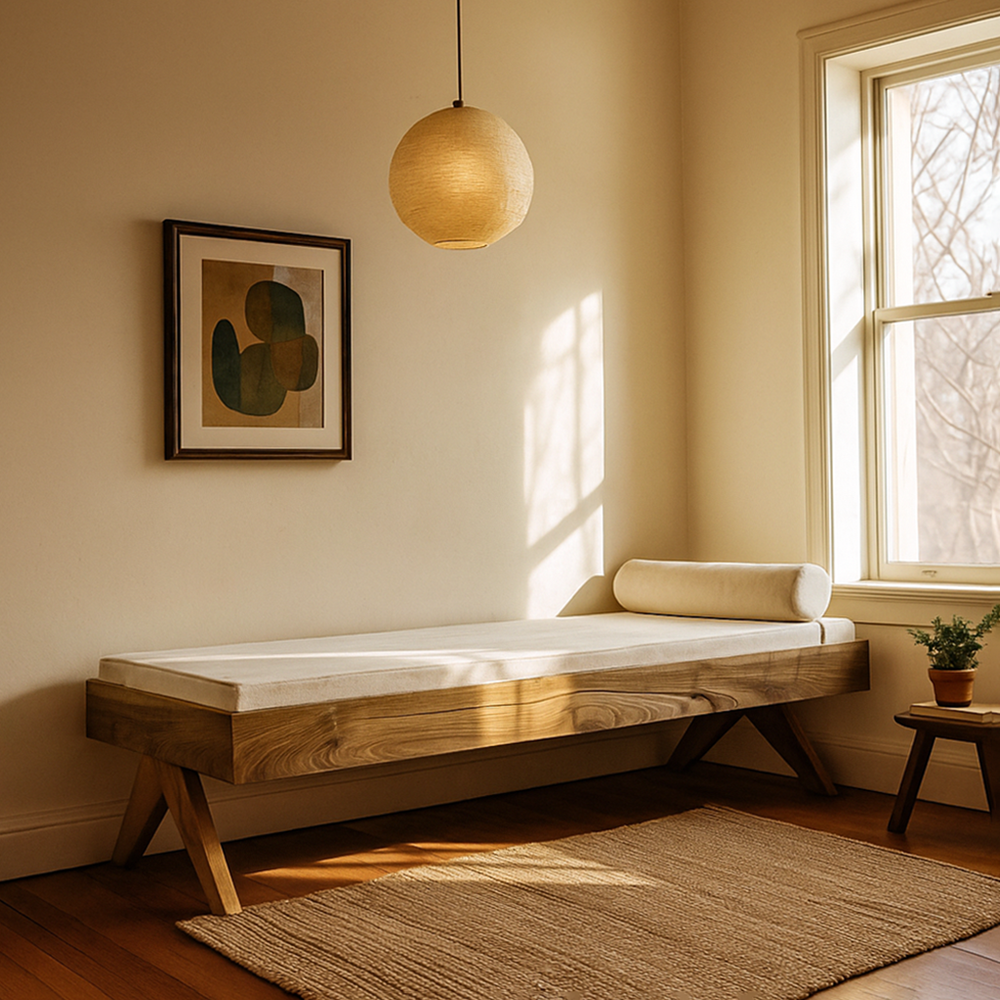 Handmade solid walnut daybed with geometric compass leg design by UPP Home Store