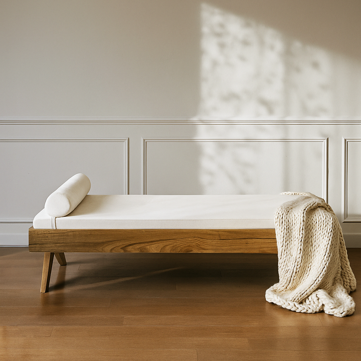 Chandigarh style daybed crafted from premium solid walnut with compass legs