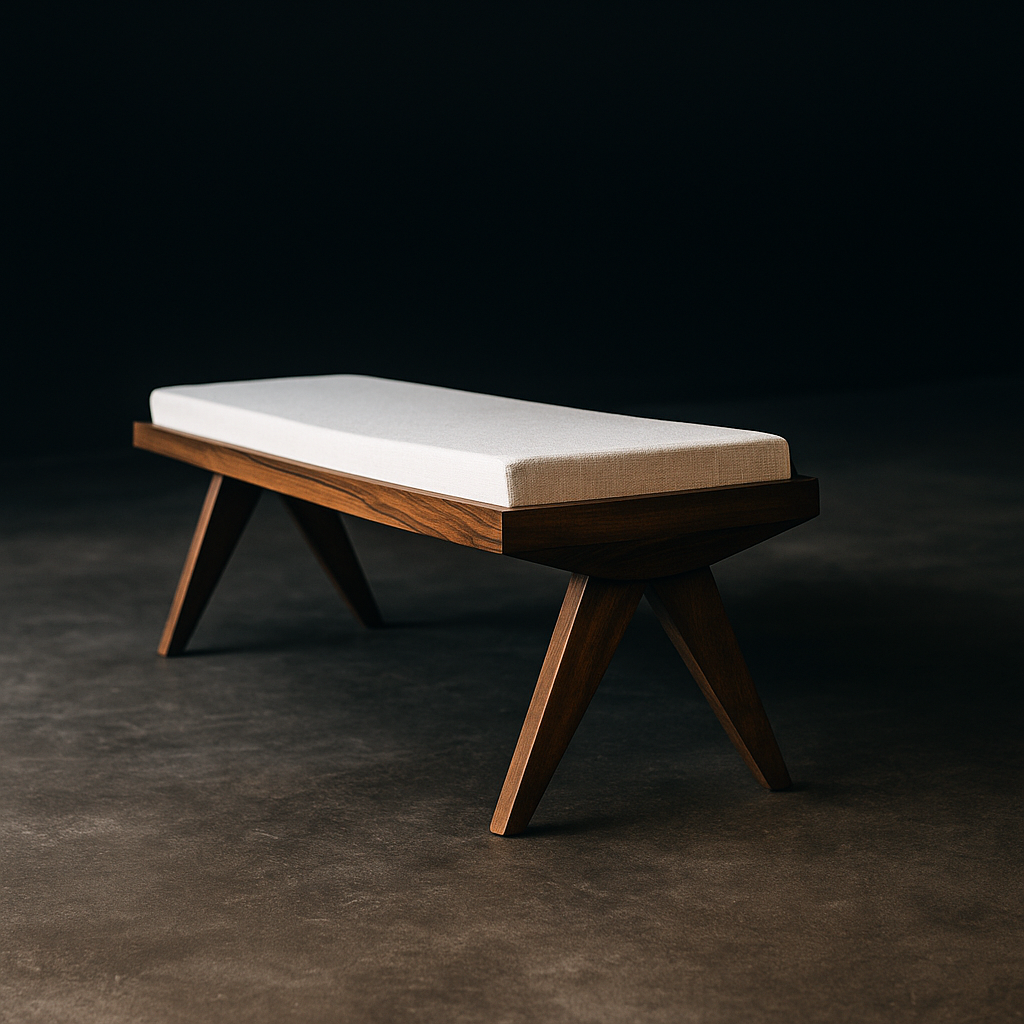 Natural walnut wood bench with padded seating surface