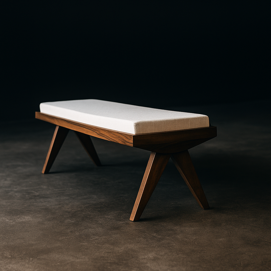 Natural walnut wood bench with padded seating surface