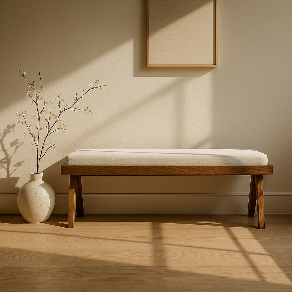 Wood bench with cushion in solid walnut finish