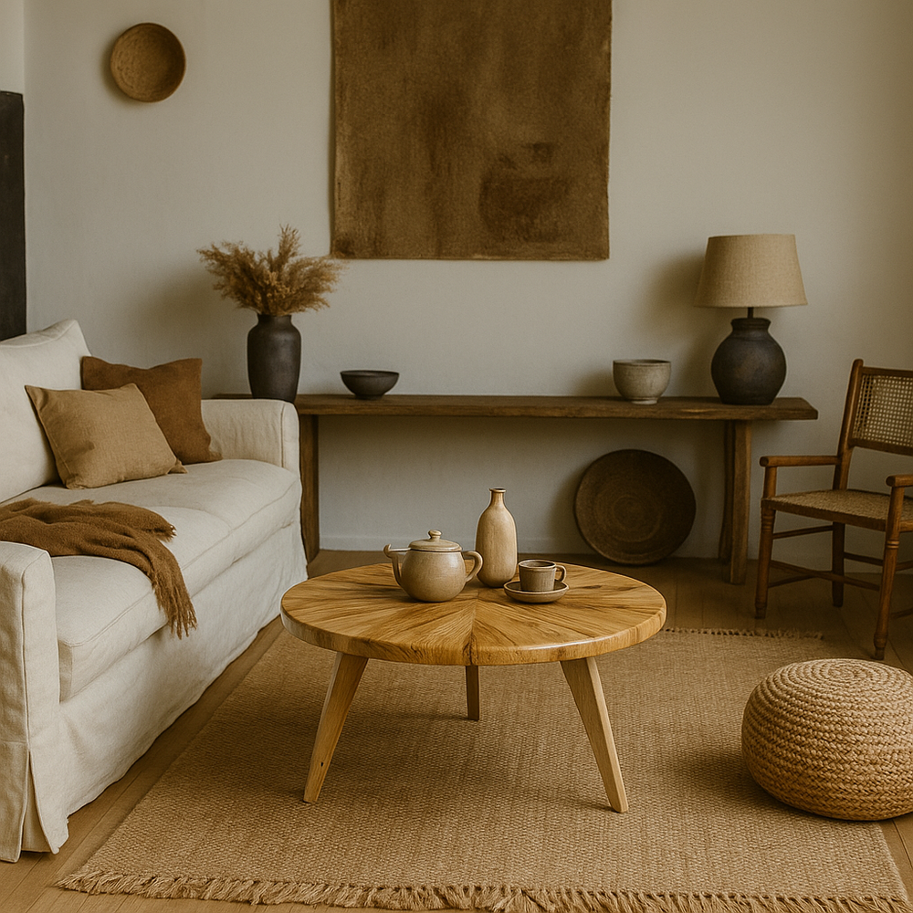 Handmade coffee table with circular chestnut wood top