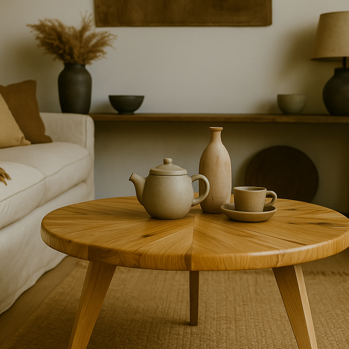 Living room furniture featuring round chestnut table