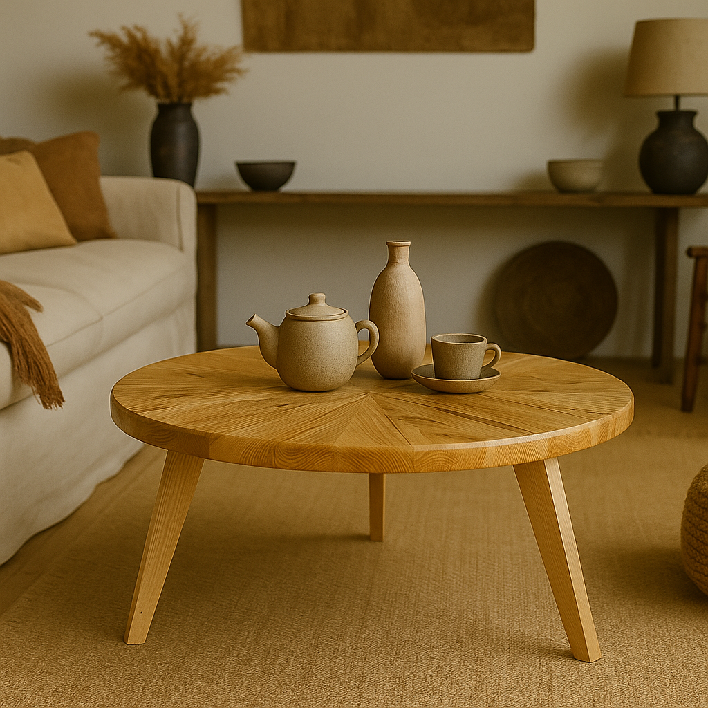 Round solid oak coffee table with a sunburst-pattern top and three angled legs in a living room