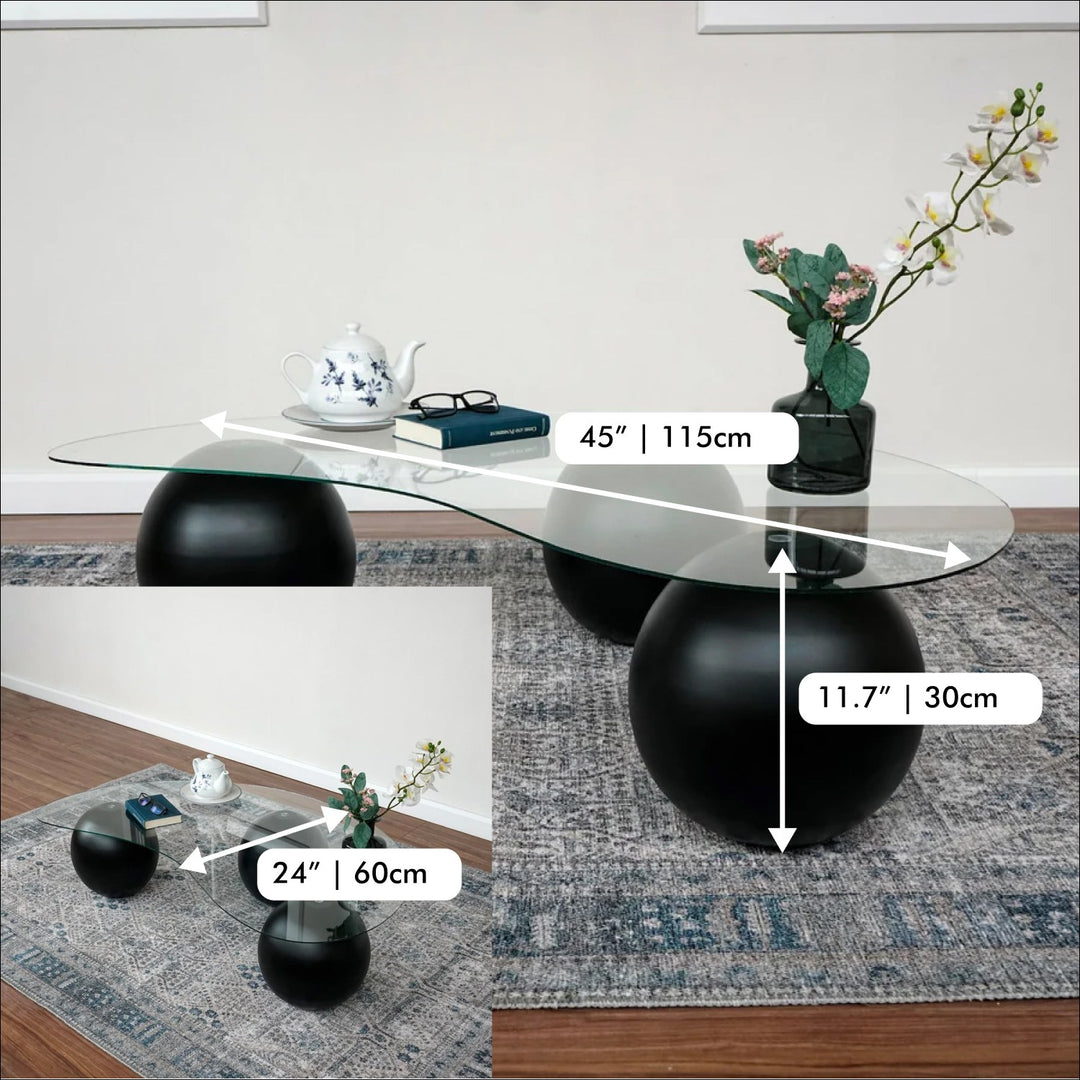 Glass Coffee Table Black Decorative Wooden Balls - Modern Center Table