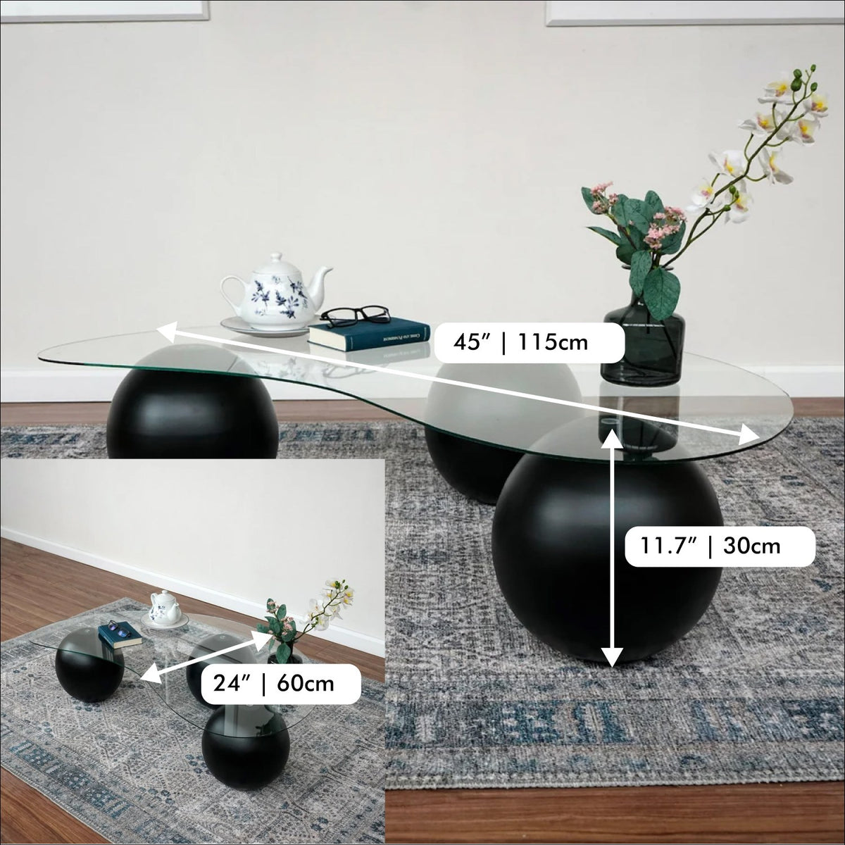 Glass coffee table with black ball legs labeled 45 in | 115 cm, 24 in | 60 cm and 11.7 in | 30 cm