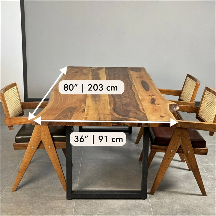 Live Edge Dining Table for 4 to 8 Persons, Walnut Wood With Metal Legs