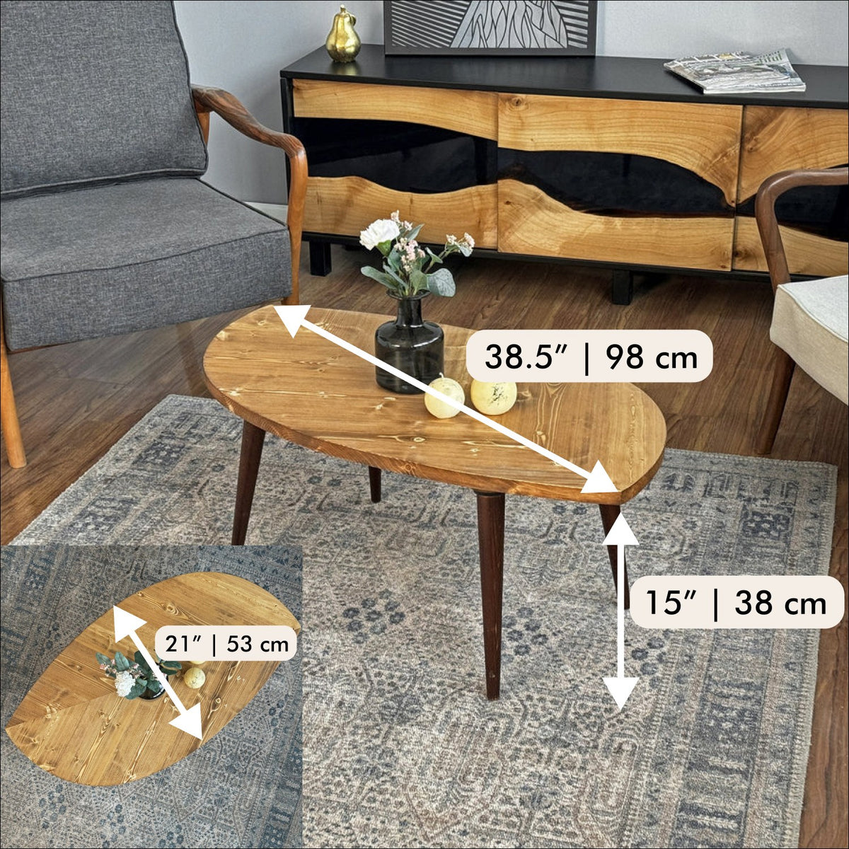 Dimensions of the leaf shaped coffee table: 38.5 in long, 21 in wide, 15 in tall (98 x 53 x 38 cm)