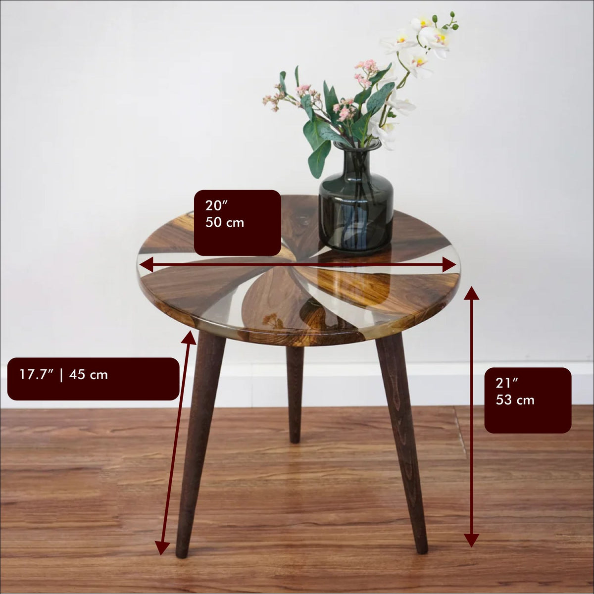 Dimensions of the walnut epoxy windmill side table: 20 in wide, 21 in tall, legs 17.7 in