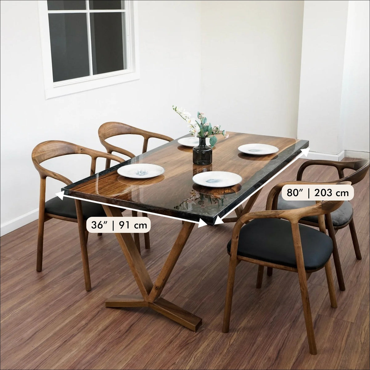 Dimensions of the walnut epoxy dining table: 36 in | 91 cm wide and 80 in | 203 cm long