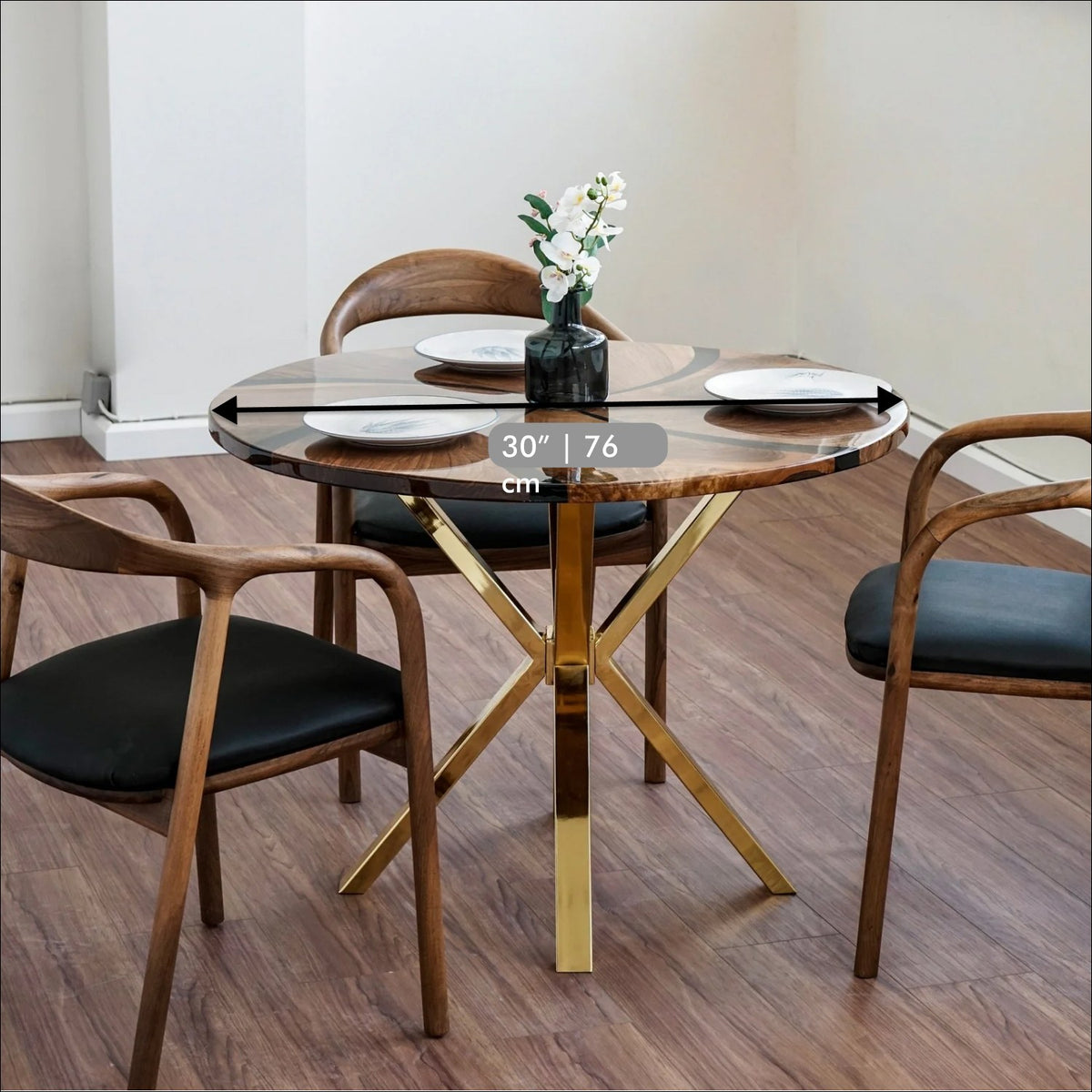 Round walnut epoxy dining table on gold crossed legs with a diameter arrow labeled 30 in (76 cm)