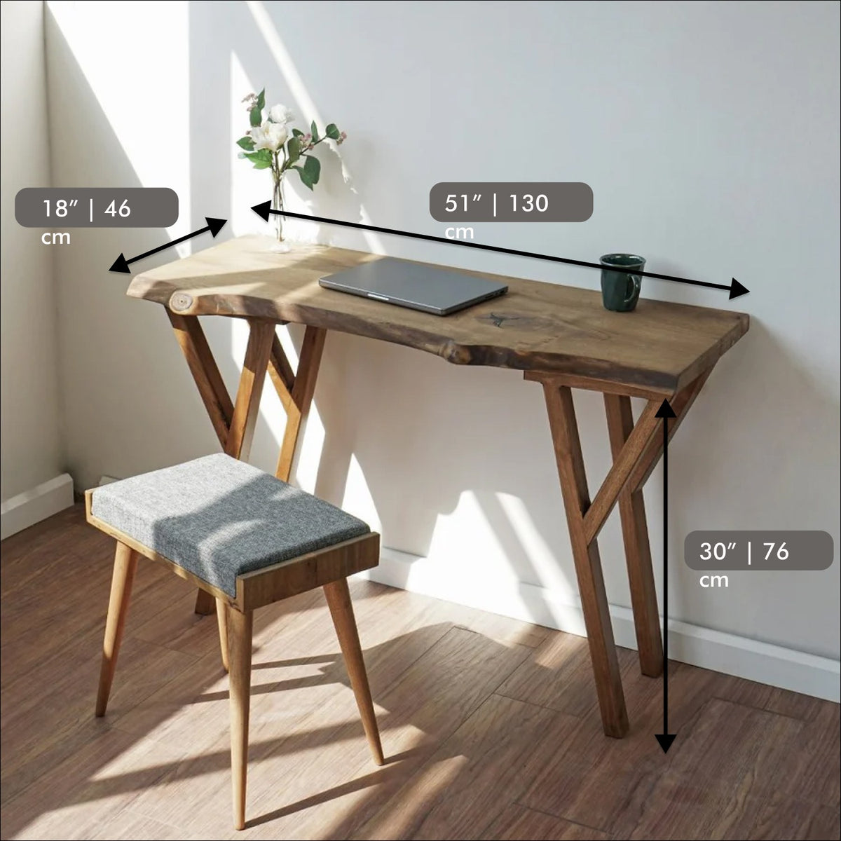 Dimensions of the small live edge walnut desk: 51 in wide, 18 in deep, 30 in tall