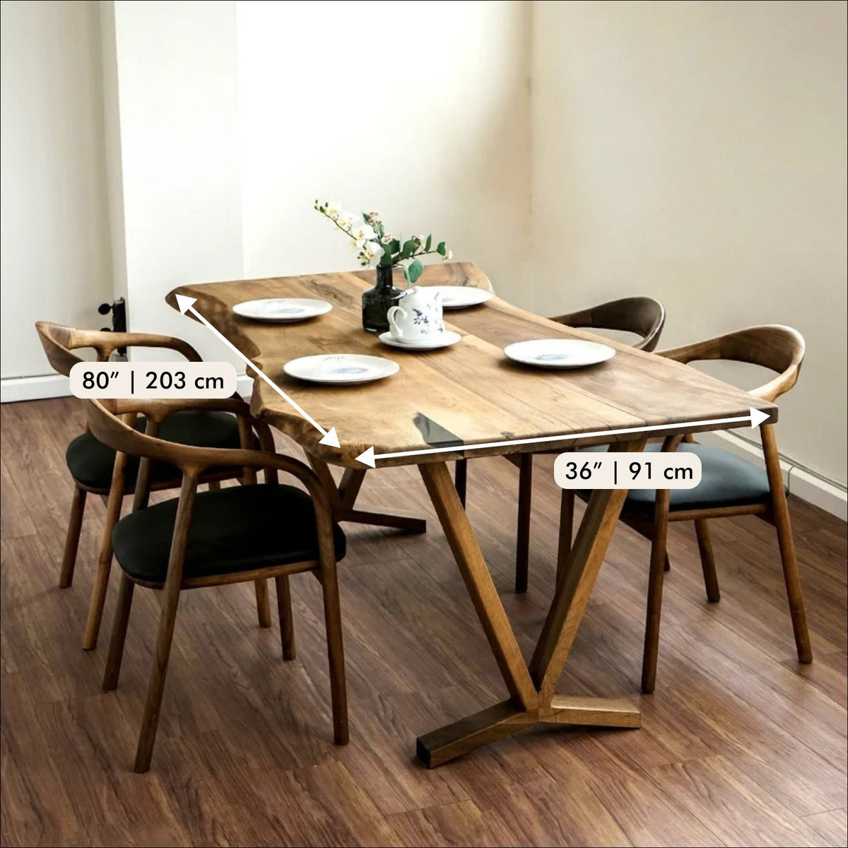 Walnut live edge farmhouse table with size callouts of 80 in (203 cm) and 36 in (91 cm)