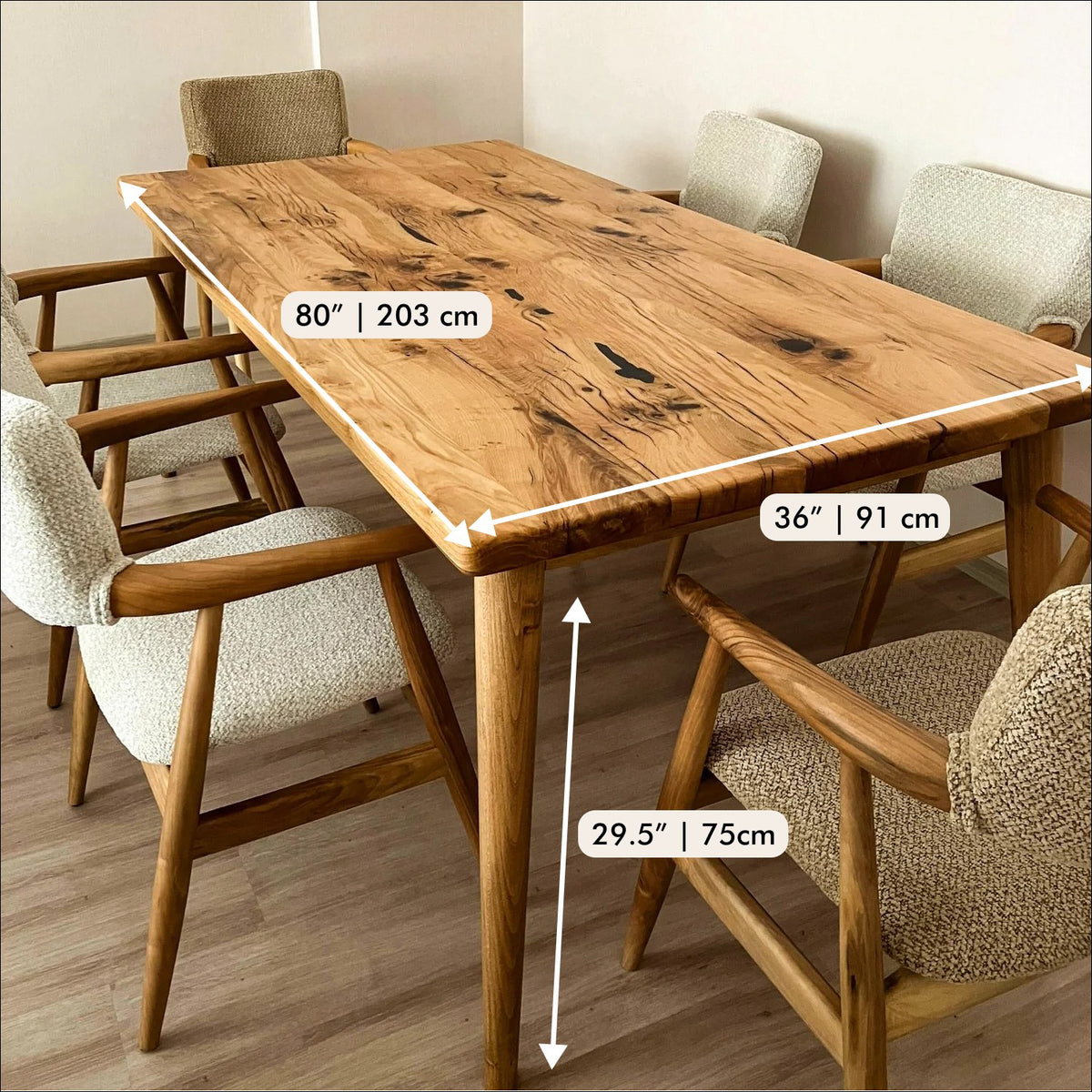 Dimensions of the solid oak dining table: 80 in long, 36 in wide, 29.5 in tall