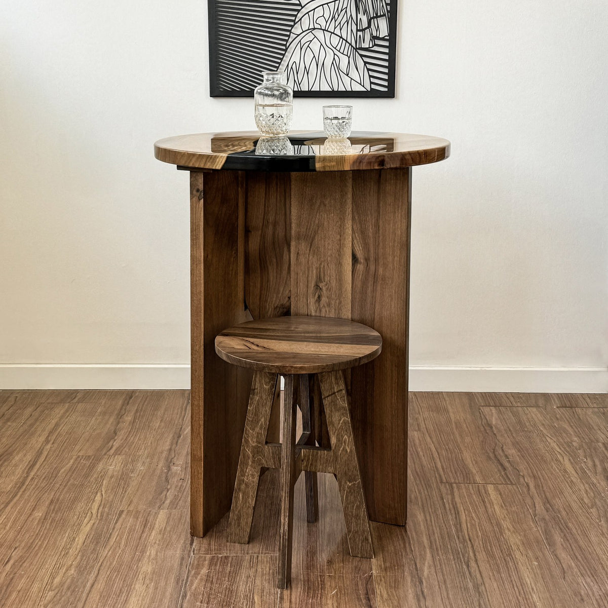 Walnut bar table with a stool tucked under the top, straight front view