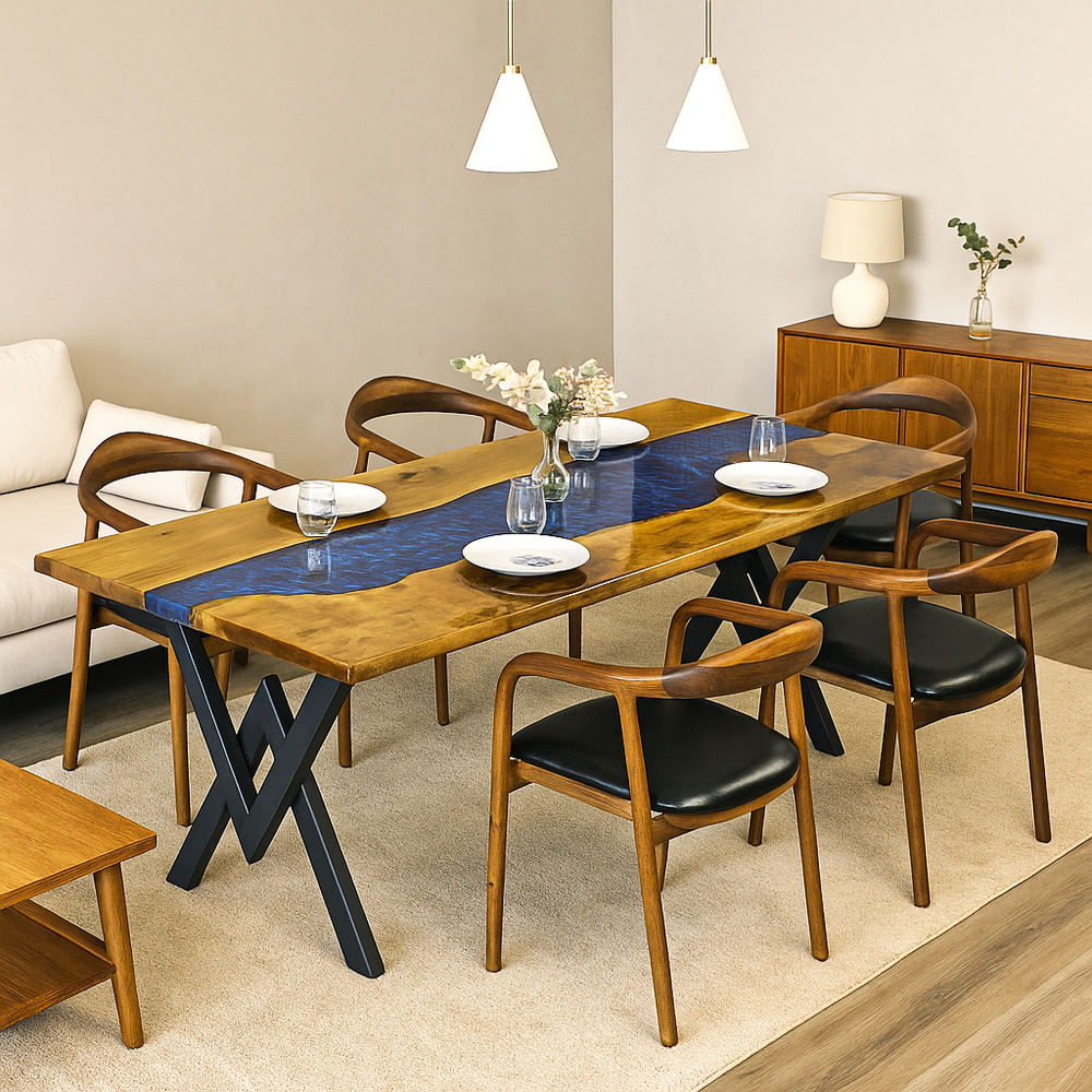 Blue river epoxy farmhouse dining table handcrafted from premium walnut