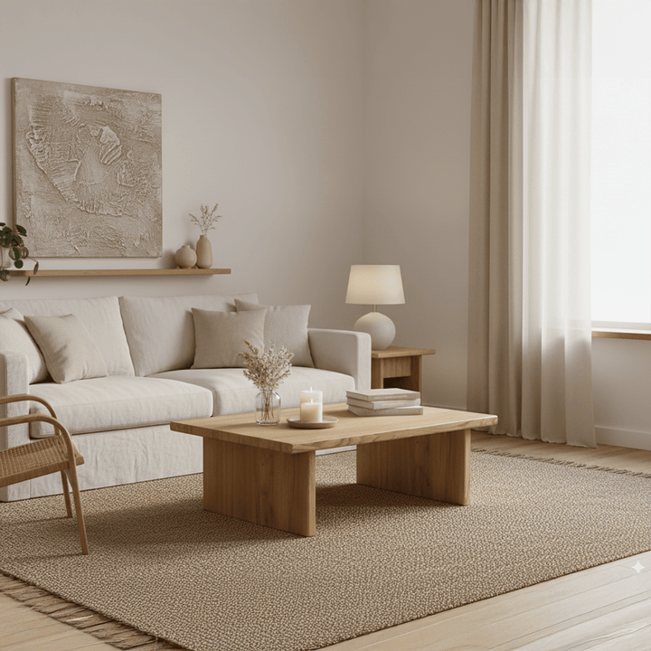 Light brown chestnut coffee table, modern design that supports everyday coffee and tea service.