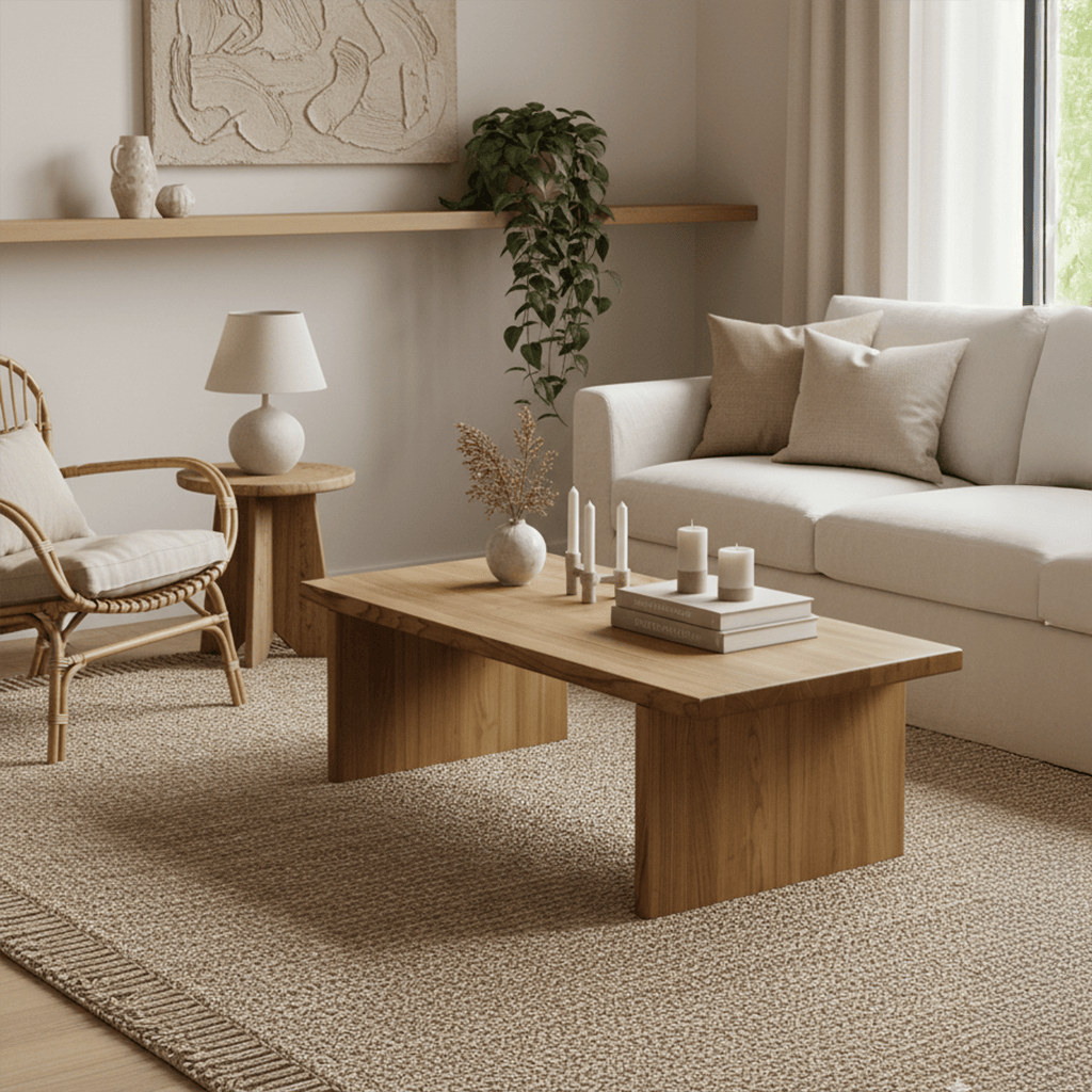 Solid wood rectangle coffee table, sleek lines and warm chestnut tone for refined living rooms.