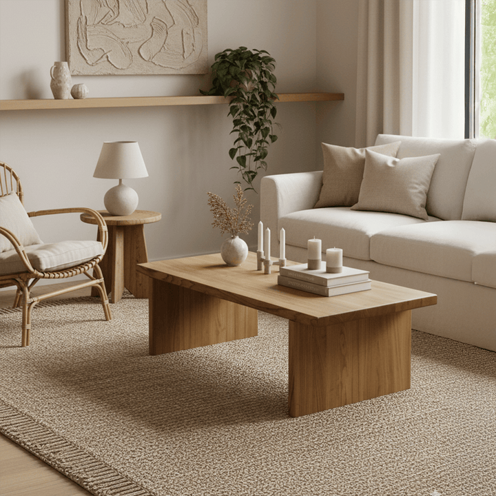 Solid wood rectangle coffee table, sleek lines and warm chestnut tone for refined living rooms.