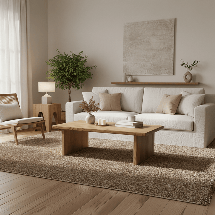 Modern chestnut furniture piece, light brown coffee table that anchors a contemporary seating area.
