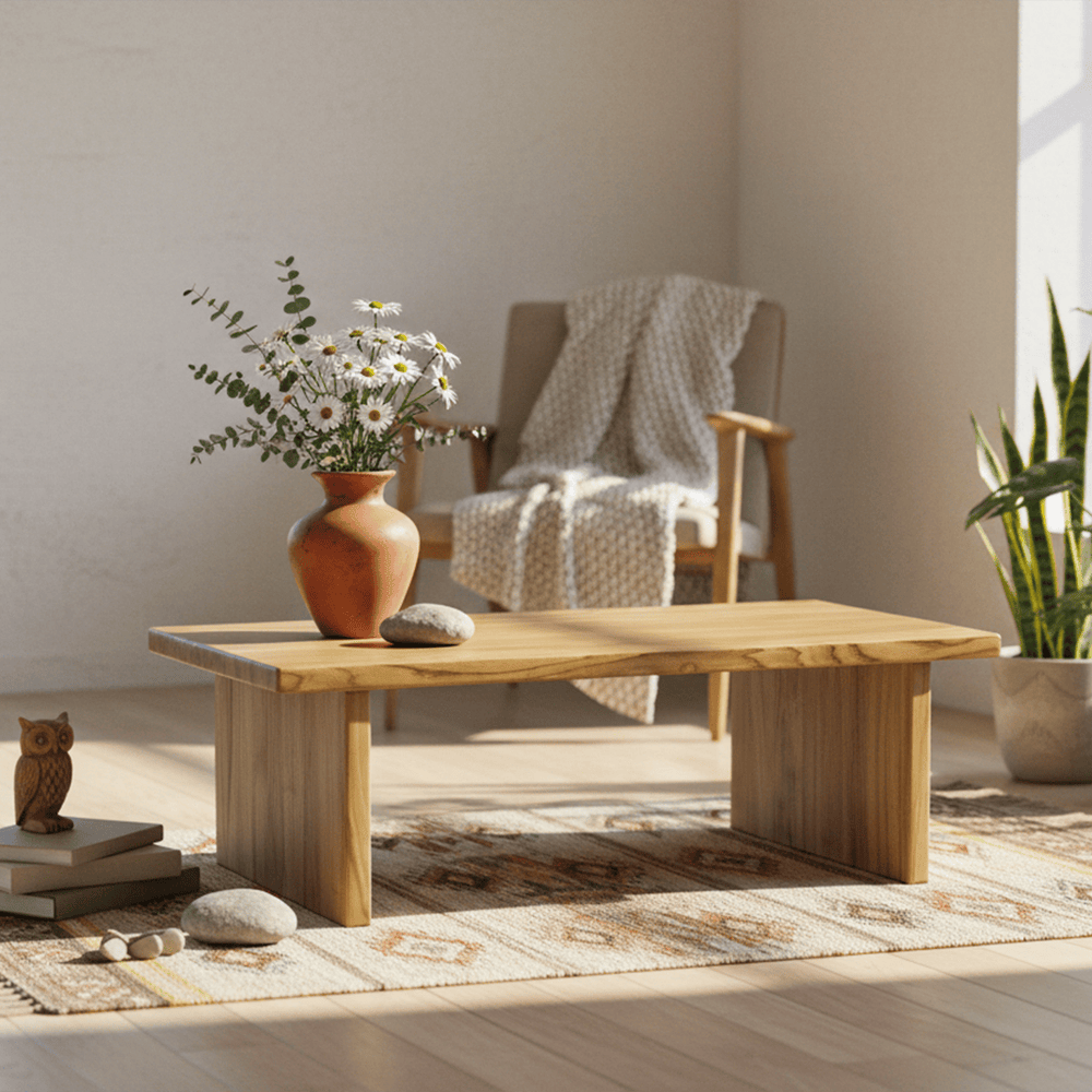 Solid wood rectangle coffee table with chestnut grain, minimalist style for decor and books