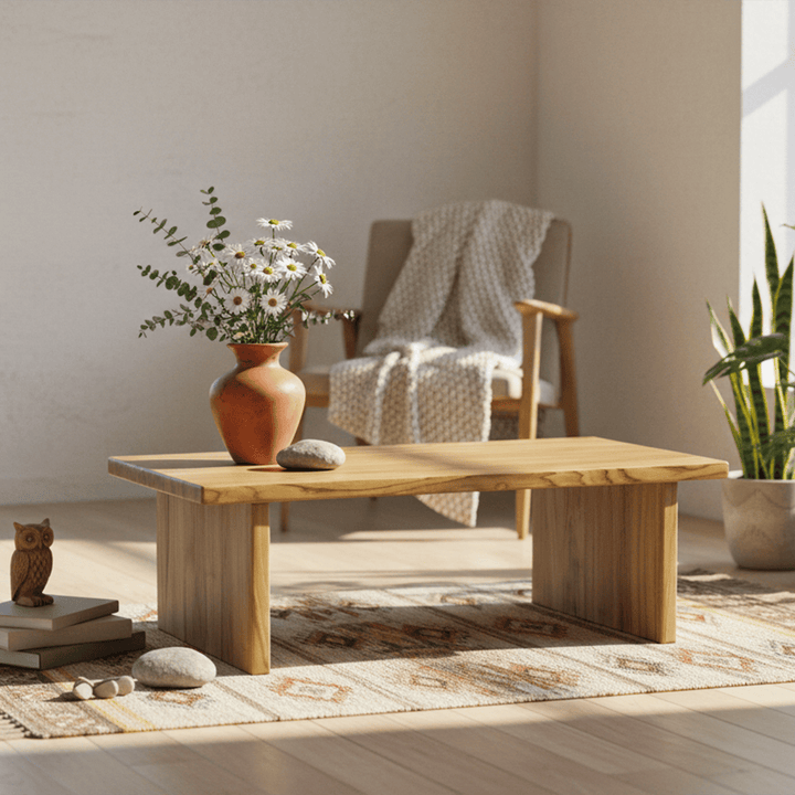 Solid wood rectangle coffee table with chestnut grain, minimalist style for decor and books