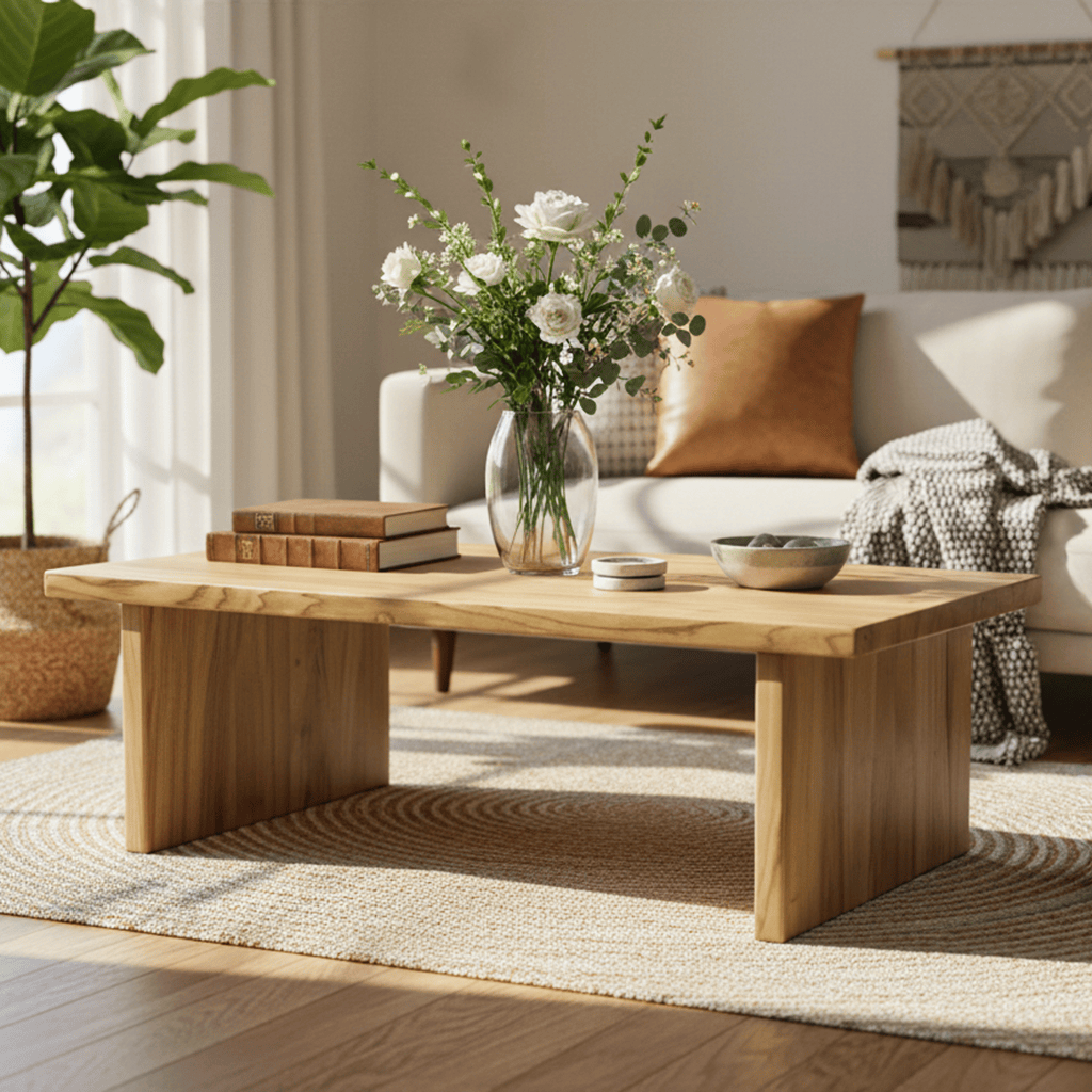UPP Home modern chestnut coffee table in light brown solid wood, rectangular centerpiece for living rooms