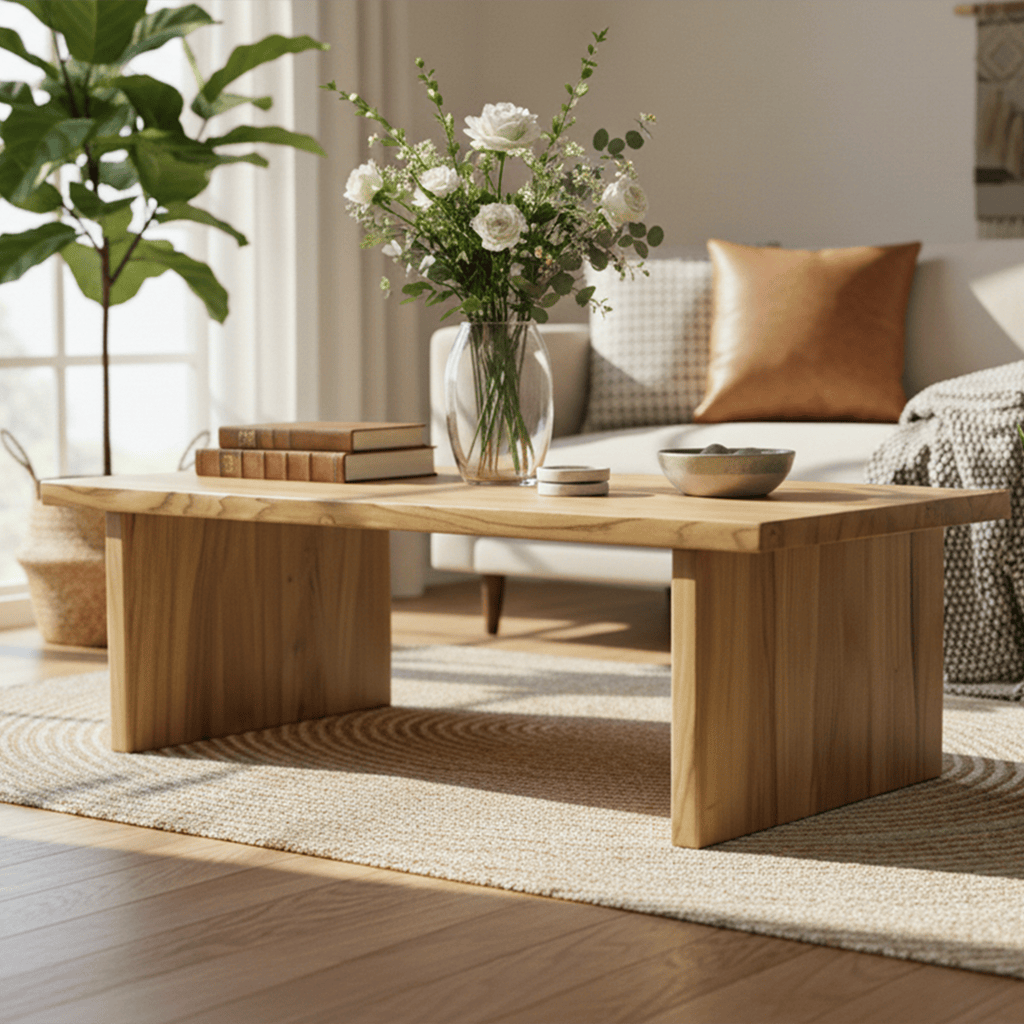 Front view of the chestnut coffee table at table height with slab legs on a woven rug