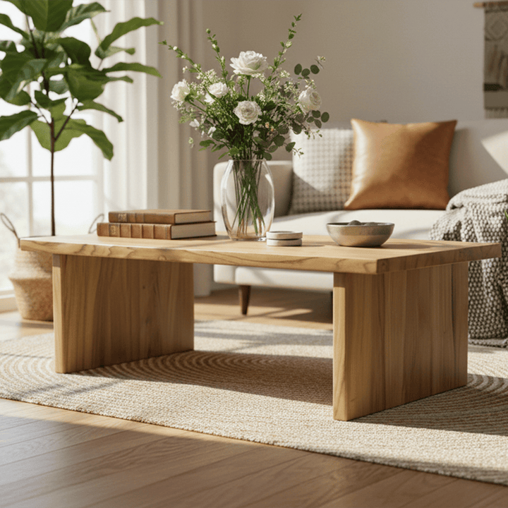 Light brown rectangular center table in solid chestnut, ideal for displaying books and decor.