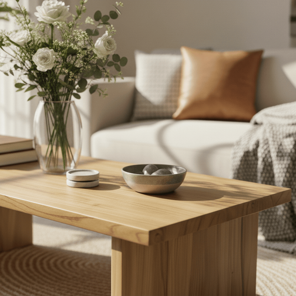 UPP Home rectangular chestnut table, solid wood surface for trays, magazines, and remotes.