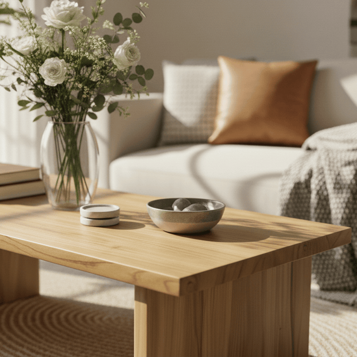 UPP Home rectangular chestnut table, solid wood surface for trays, magazines, and remotes.