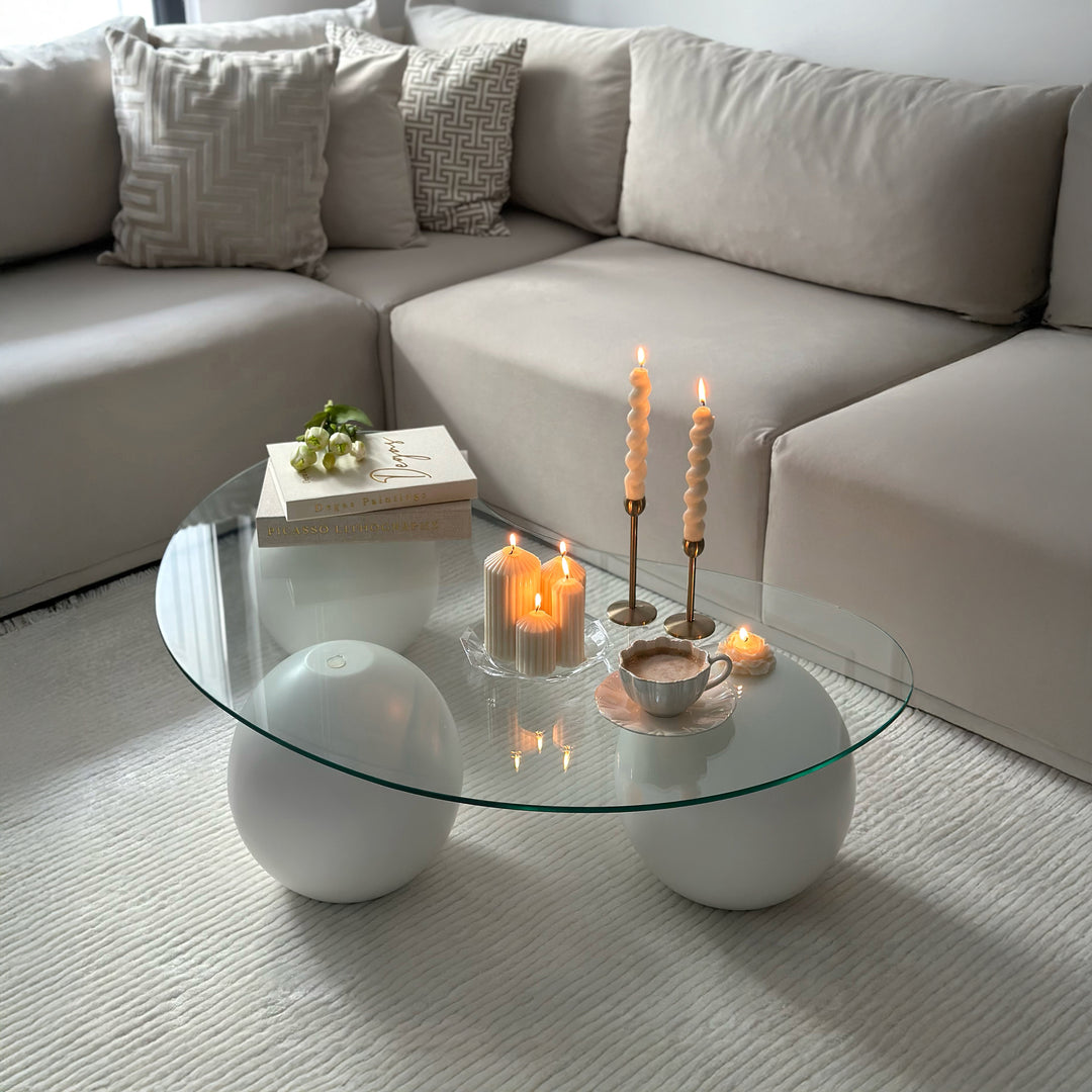 Bean Shaped Glass Top Coffee Table With Wooden Ball Legs - White
