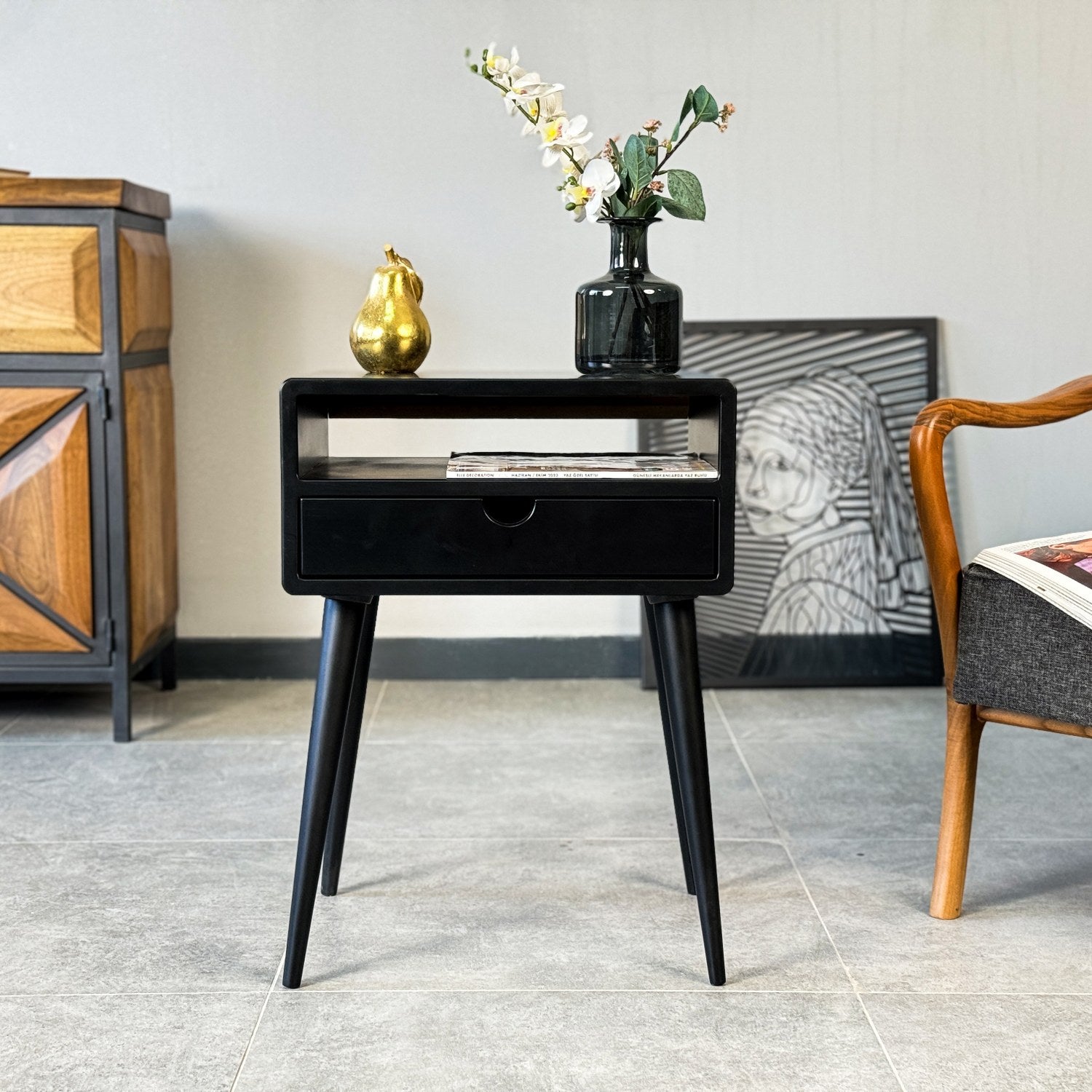 Black Side Table with Drawer Mid Century Design
