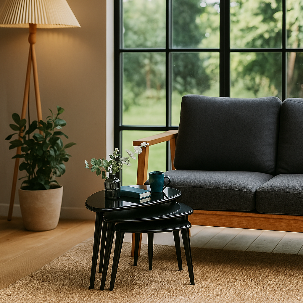 Modern living room with a gray sofa, black nesting tables, and a potted plant.