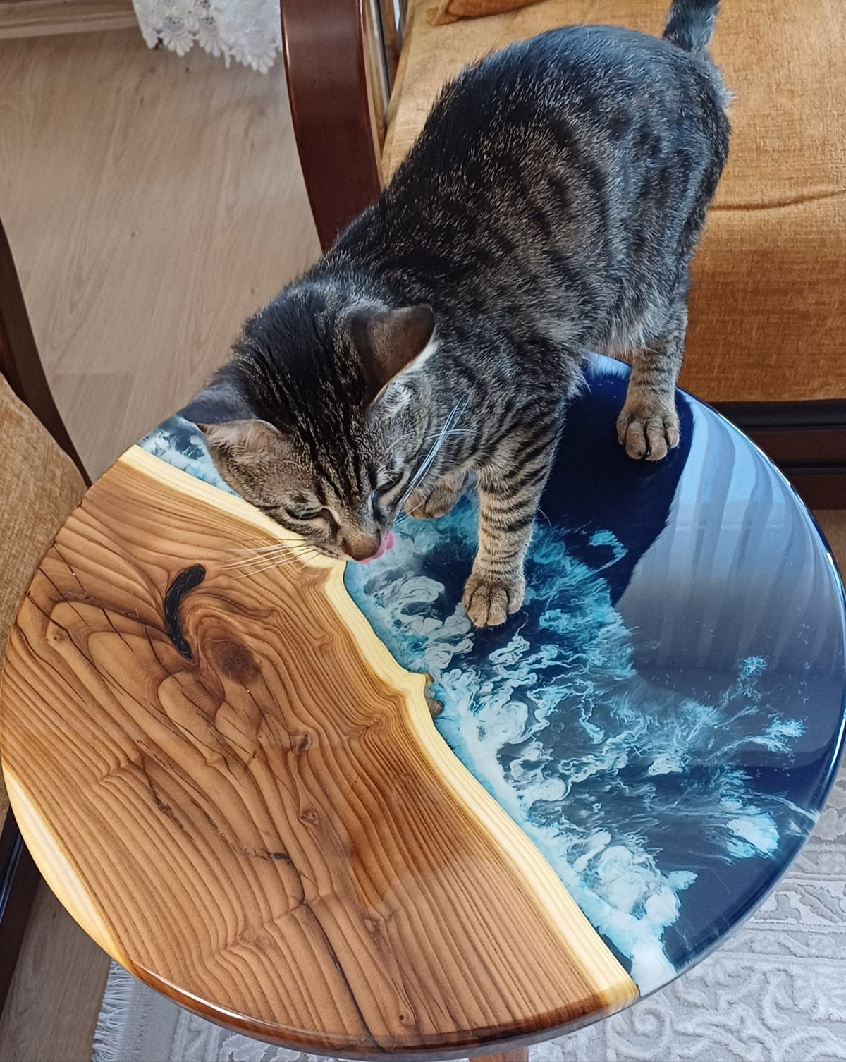 Round side table with a pale straight-grain wood slab and a turquoise epoxy sea pour, a cat standing on top