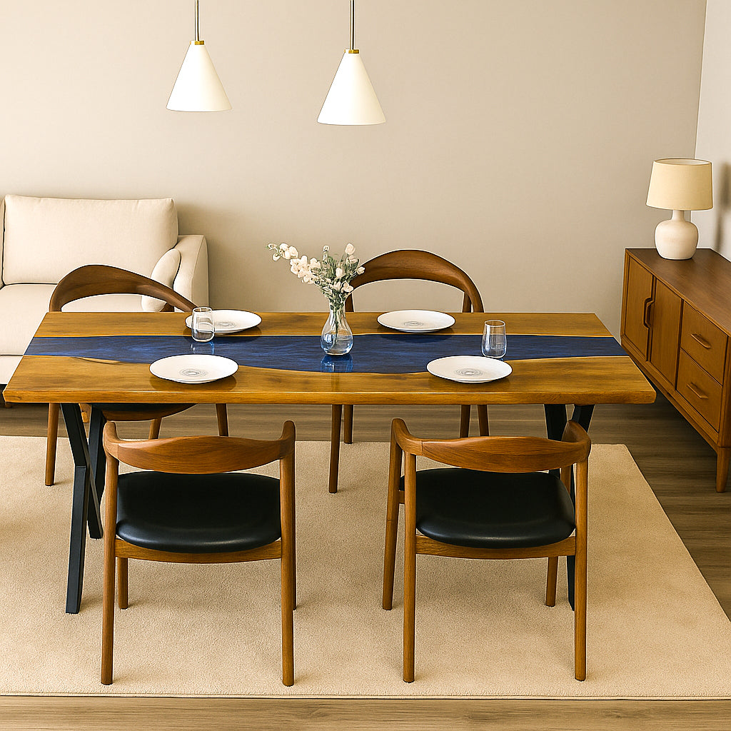 Front view of the blue river epoxy walnut dining table on black metal legs, set for four