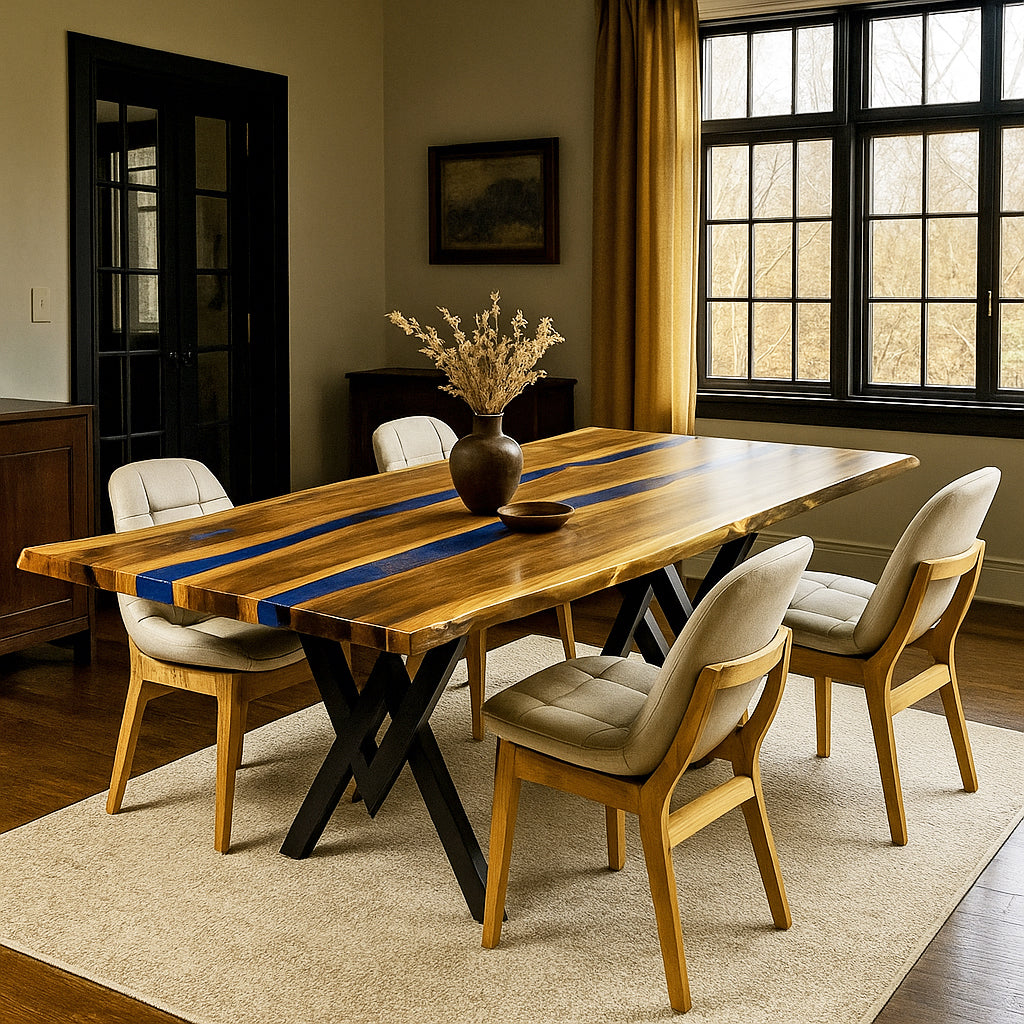 Dining room with a wooden table and chairs near a large window.