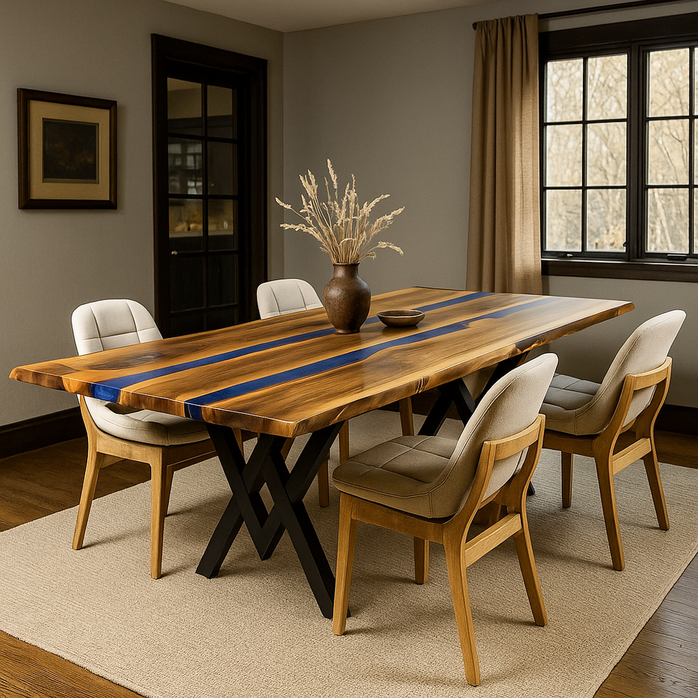 Dining room with a wooden table and chairs in a well-lit room.