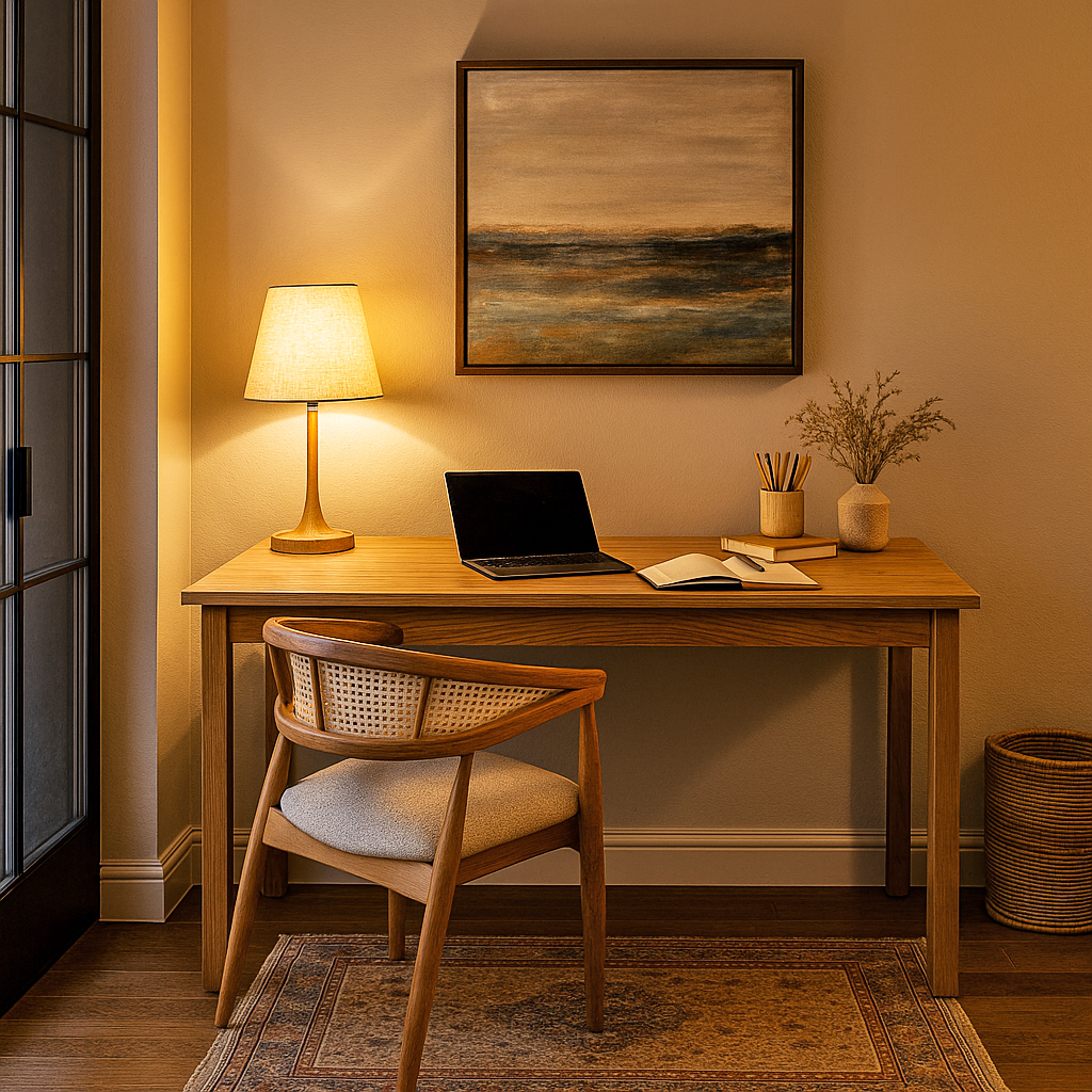 Home office with wooden desk, chair, laptop, lamp, and decorative items.