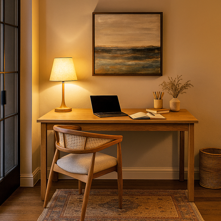 Home office with wooden desk, chair, laptop, lamp, and decorative items.