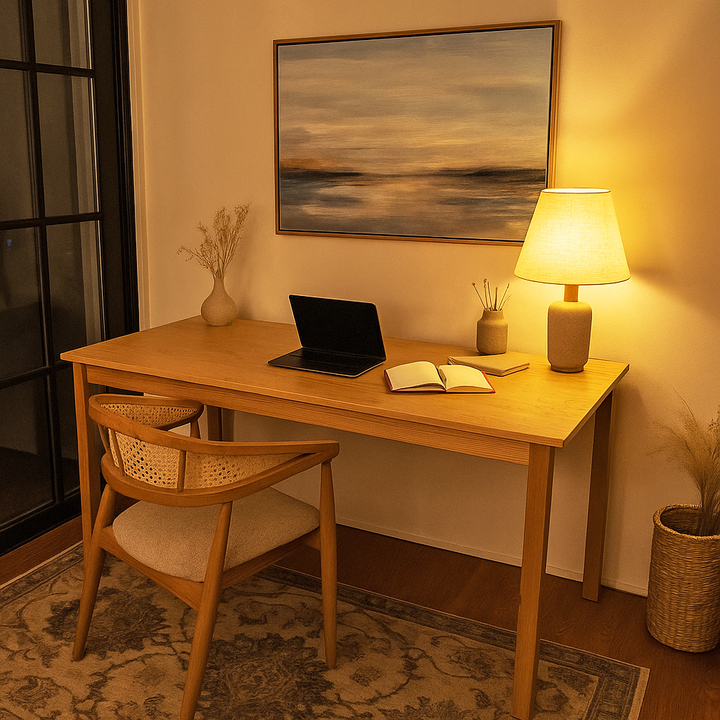 Wooden desk with laptop, book, and lamp in a cozy room.