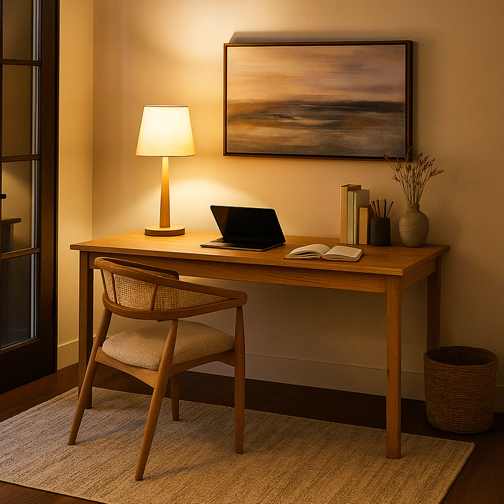Wooden desk with chair, lamp, and decor in a home office setting